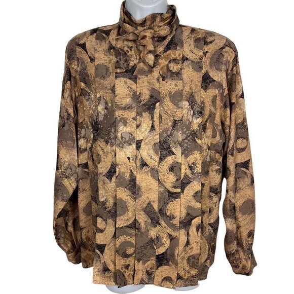 Vintage Pura Seta Silk Secretary Blouse 6 Bronze Swirls Satin Bow High Neck - Picture 1 of 6